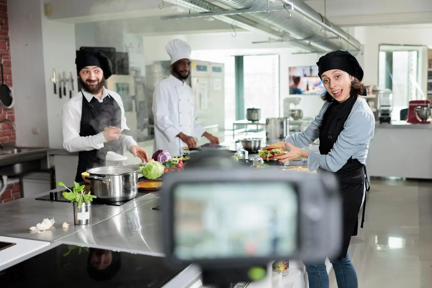 Gastronomy experts in a professional restaurant kitchen preparing a delicious gourmet dish for a culinary school course. Cooks filming the food preparation process for a gastronomic television show.