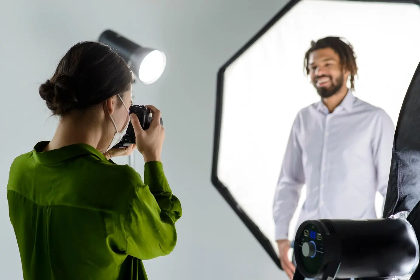 Smiling model posing in a studio